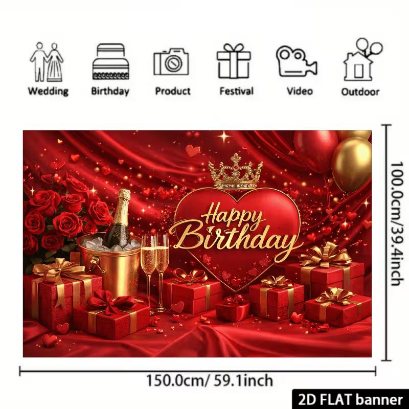 2D Romantic Red Gold Happy Birthday Backdrop for Birthday Photoshoot