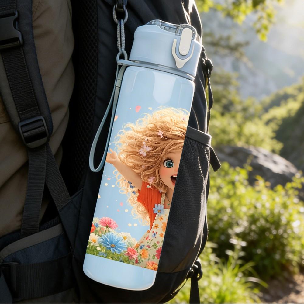 1PC Little Girl Flower Field Cartoon Print 750ml Color Plastic Sports Water Bottle Leakproof Flip Straw Lid Suitable for Sports Office Home Use