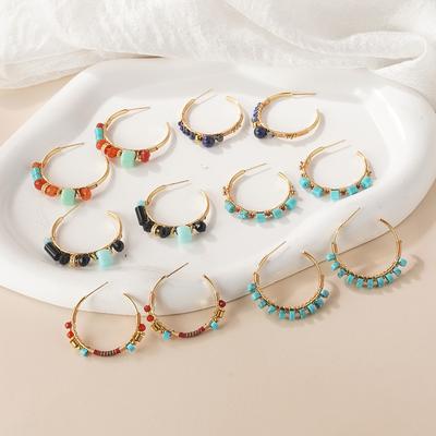 Retro New Chinese Natural Stone Beaded Earrings Collection Handmade Design National Style Oil Painting Temperament Earrings