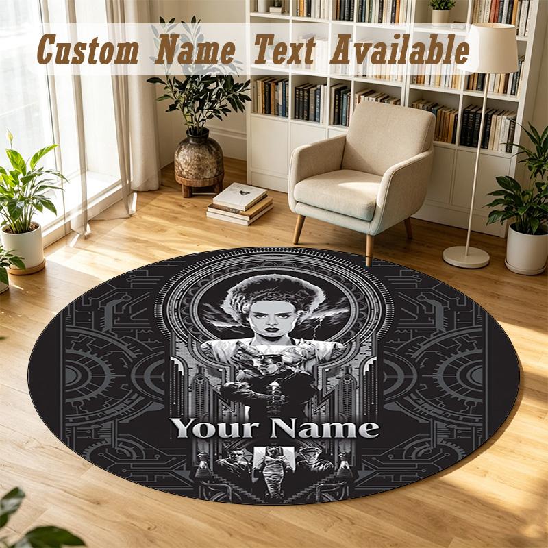 Bride of Frankenstein Personalized Round Rug Support Custom Name, Soft Home Decor Mat