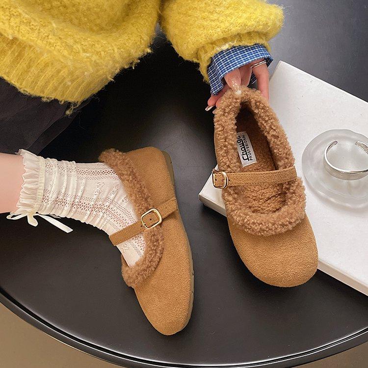 Niche Autumn and Winter Retro Fluffy Shoes Women's Flat-bottomed One-pedal Velvet Thermal Bag Head Single Shoes Go Out Comfortable Cotton Boots