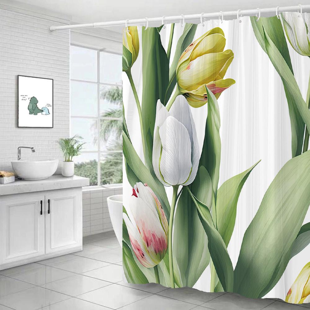 Green Leaf Plant Simple Nordic Printing Bathroom Shower Curtain Polyester Waterproof Home Decoration Curtain with 12 Hooks