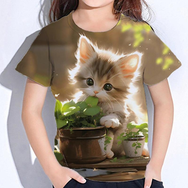 Dívčí oblečení Roztomilé tričko s potiskem kočky Krátký rukáv Dívčí tričko Letní dětské oblečení Tričko s kulatým výstřihem Top Trička Módní dětské tričko