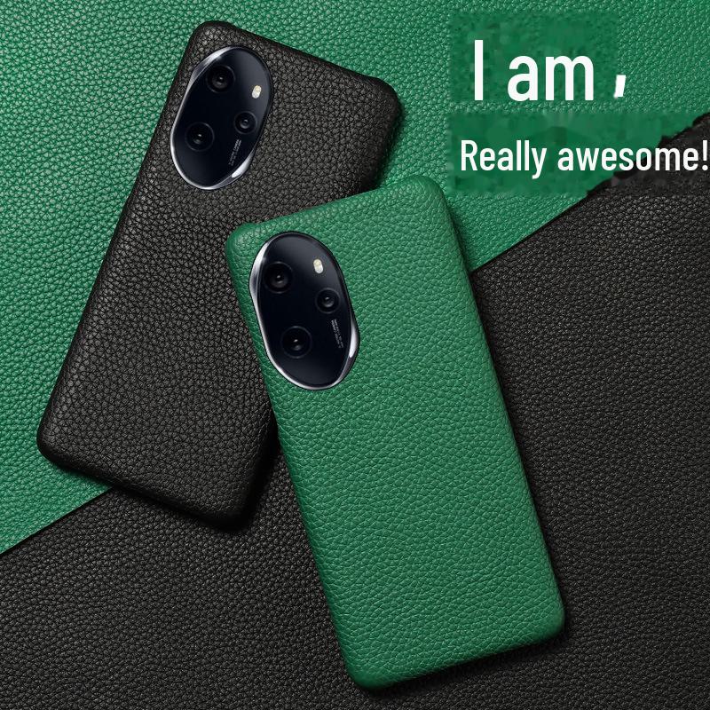 Honor 80 Genuine Leather Half-Cover Case - Cowhide Litchi Pattern, High-End Protective Cover for Honor 80, 80SE, 80Pro