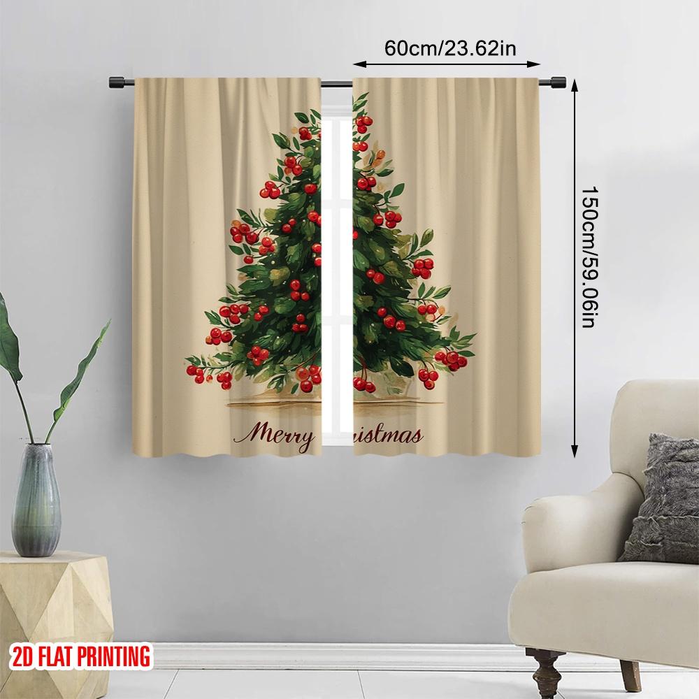 2pcs,2D Plane Printing Curtains&Window Treatment Charming Vintage Christmas Tree Versatile Fabric (without Rod) Art Deco Festive