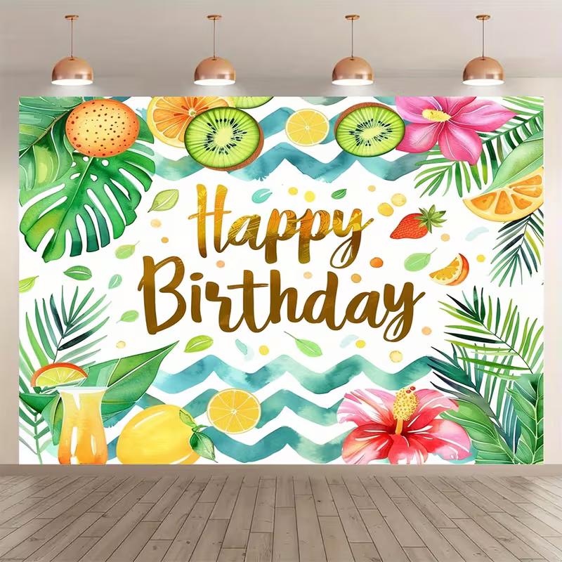 

2D Aloha Birthday Tapestry, Watercolor Tropical Fruits and Leaves for Summer Photoshoot 47.2x31.5inch/120*80cm