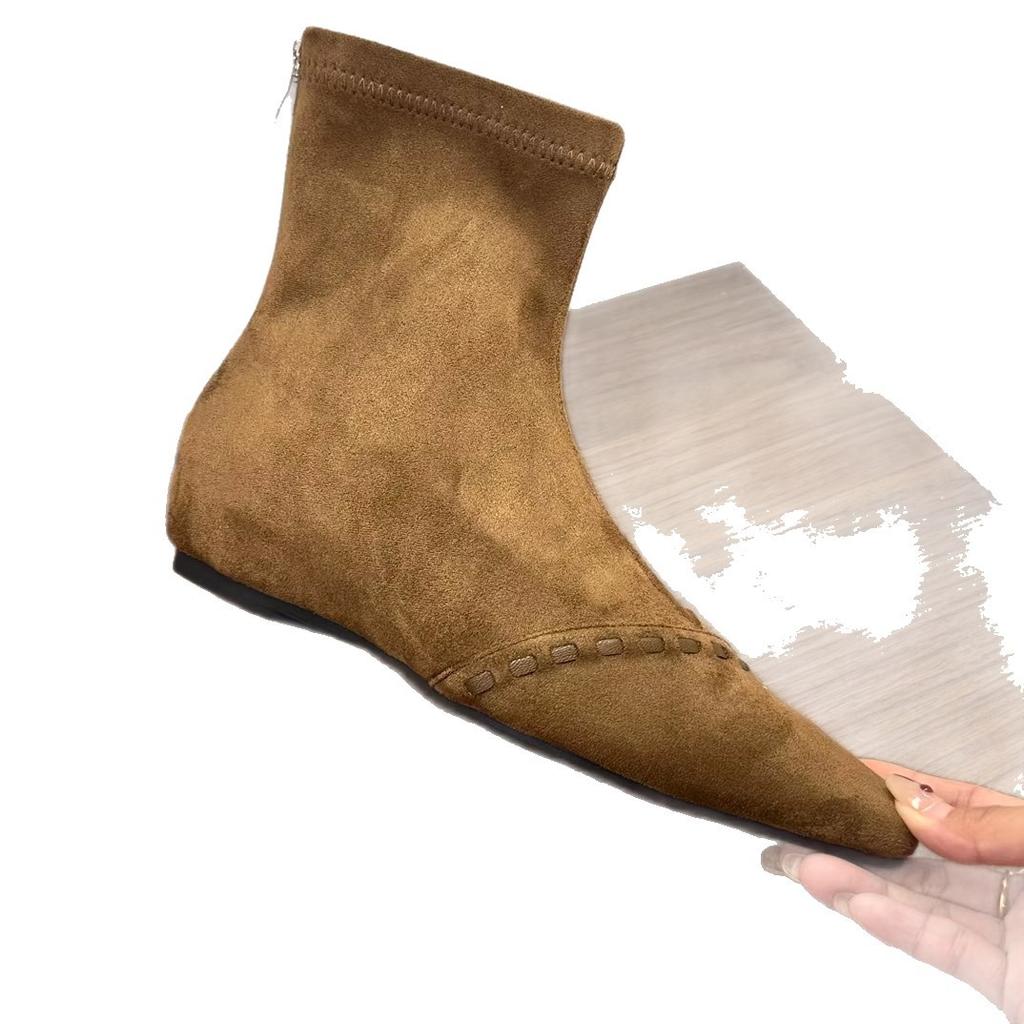 2025 new inner height increase explosion woven Korean version small square head suede bare boots niche short boots foreign versatile women's boots