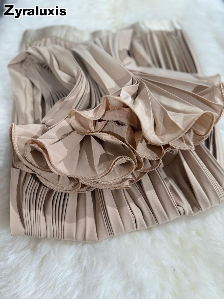 Wavy Edge Pleated Skirt High Waist Slimming Office Wear Versatile Long Dress for Women