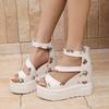 Fashion Rose Print Wedge Heel Ankle Strap Sandals Women 2025 Summer Rear Zip Chunky Platform Sandals Fashion Super High Heel Shoes