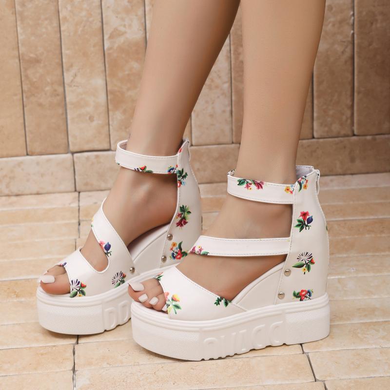Fashion Rose Print Wedge Heel Ankle Strap Sandals Women 2025 Summer Rear Zip Chunky Platform Sandals Fashion Super High Heel Shoes