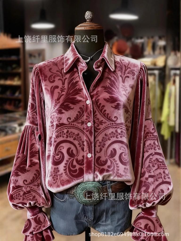 New Creative Fashion Velvet Lapel 3D Print Women's Long Sleeve Shirt