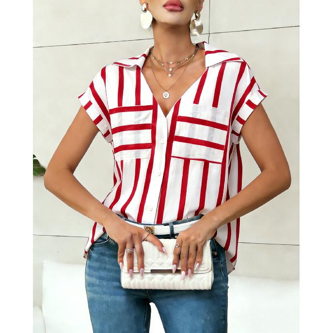 2026 New Women's Fashion Casual Loose V-Neck Striped Pocket Ladies' Shirt