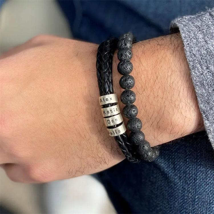 Factory Personalized Leather Bracelet 925 Sterling Silver Custom Name Beads Bracelet for Men