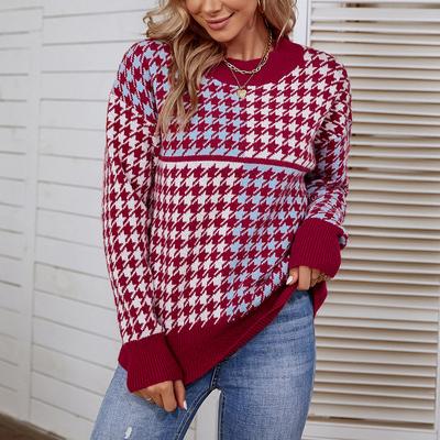 Neuer Herbst- und Winter-Strickpullover im europäischen und amerikanischen Stil mit Kontrastfarbe und Hahnentrittmuster für Damen