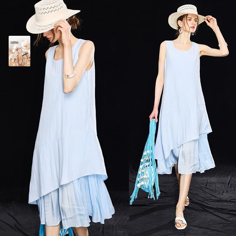 Women s Sleeveless Double Layer Patchwork Relaxed Dress M светло-синий