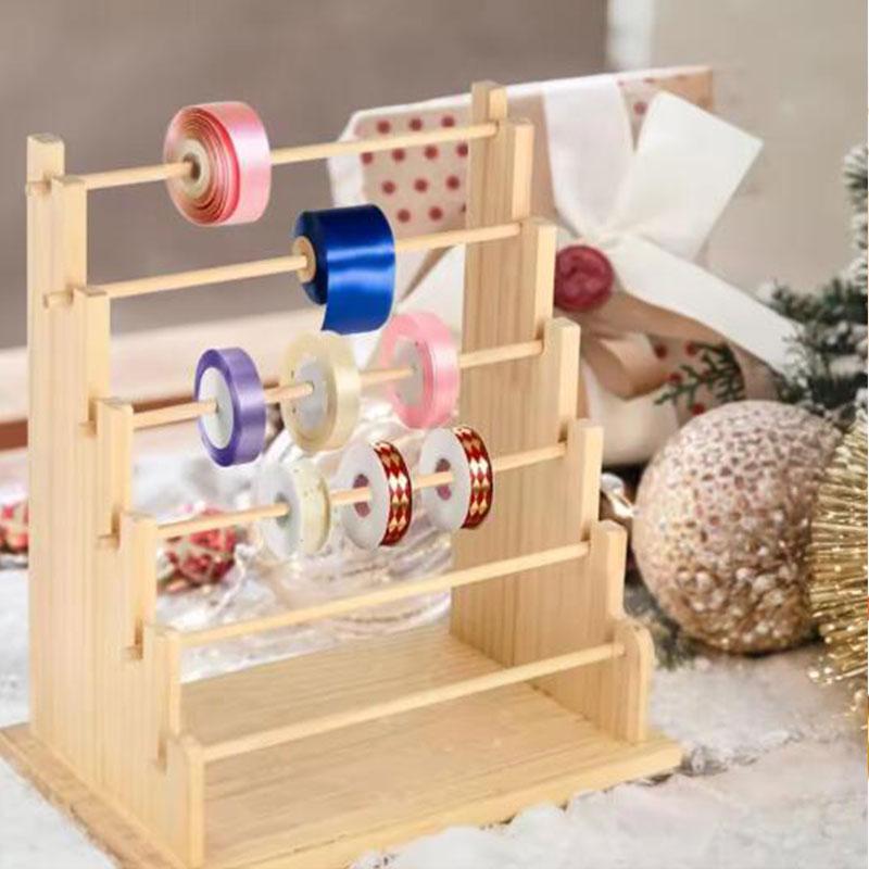 Wooden Ribbon Organizer Storage Display Stand Portable Tabletop Organizer Ribbon Spool Holder Rack for Home Cake Wrapping Gift