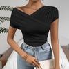 Ladies Summer Short Sleeve Skew Collar Solid Color Slim Fit Bodycon Pullover Casual T Shirt Top