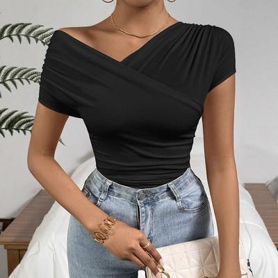 Camiseta Top Casual Feminina de Verão Manga Curta Gola Assimétrica Cor Sólida Slim Fit Bodycon Pulôver