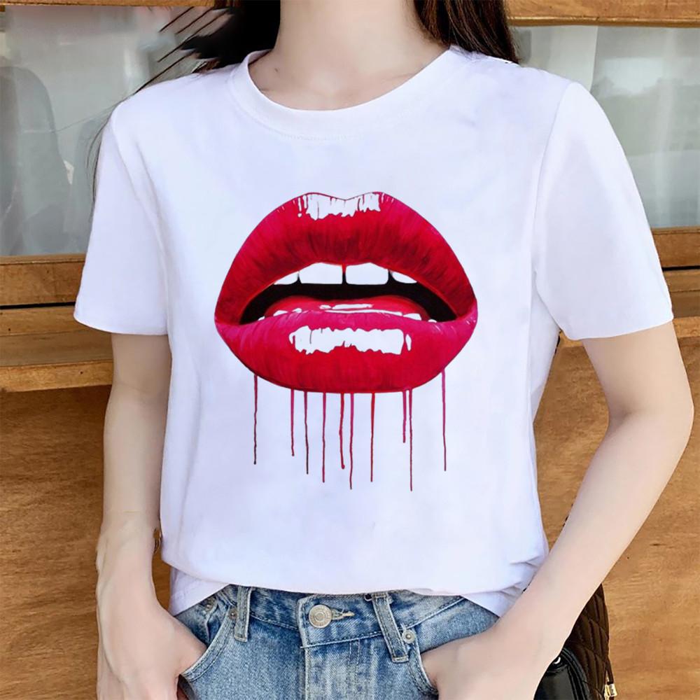 Summer Sexy Lip Print Short Sleeve Tshirt Womens Fashion Graphic Top High Street Slim Fit Modal Fabric