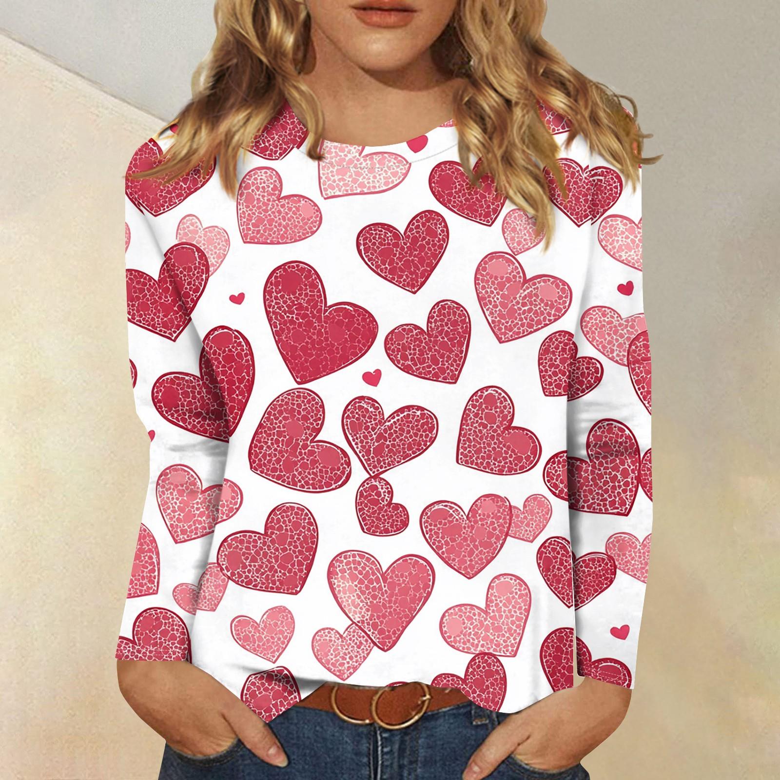 

Рубашки с длинным рукавом для женщин Милые принты Футболки Блузки Повседневные Большие размеры Базовые топы Пуловеры День святого Валентина XXL