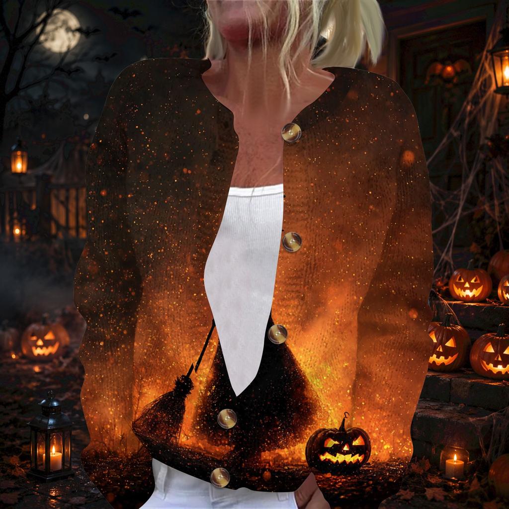 Women's Long Sleeve Cardigan with Halloween Print Button Front for Party Outwear