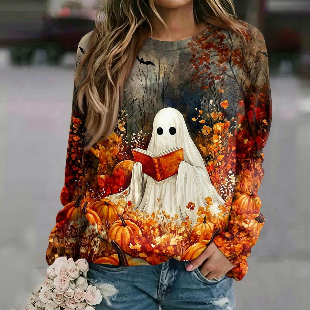 Women's Casual Neck Long Sleeve Raglan Halloween Print Sweatshirt