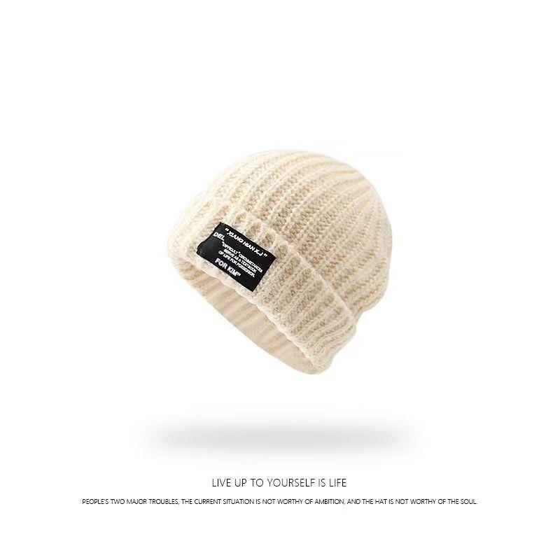 Korean version of alphabet cloth label thickened knitted wool hat women's winter big head circumference pullover hat shows a small face