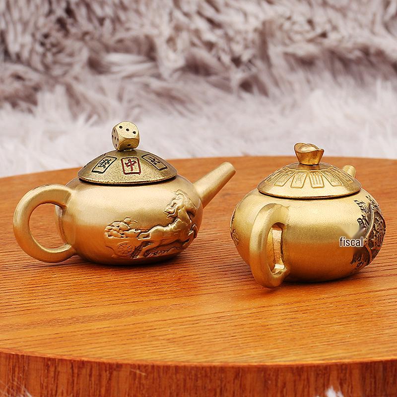 Brass Gold Mahjong Teapot with Red Rope Handle