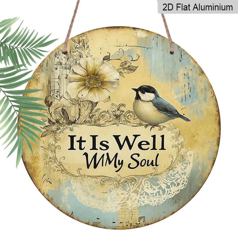 

2D Flat, 1pc Vintage French-Inspired It Is Well with My Soul Hymn Sign 7.87Inch Round Aluminum Plaque with Birds & Flowers, Beige & Brown Retro 1pc