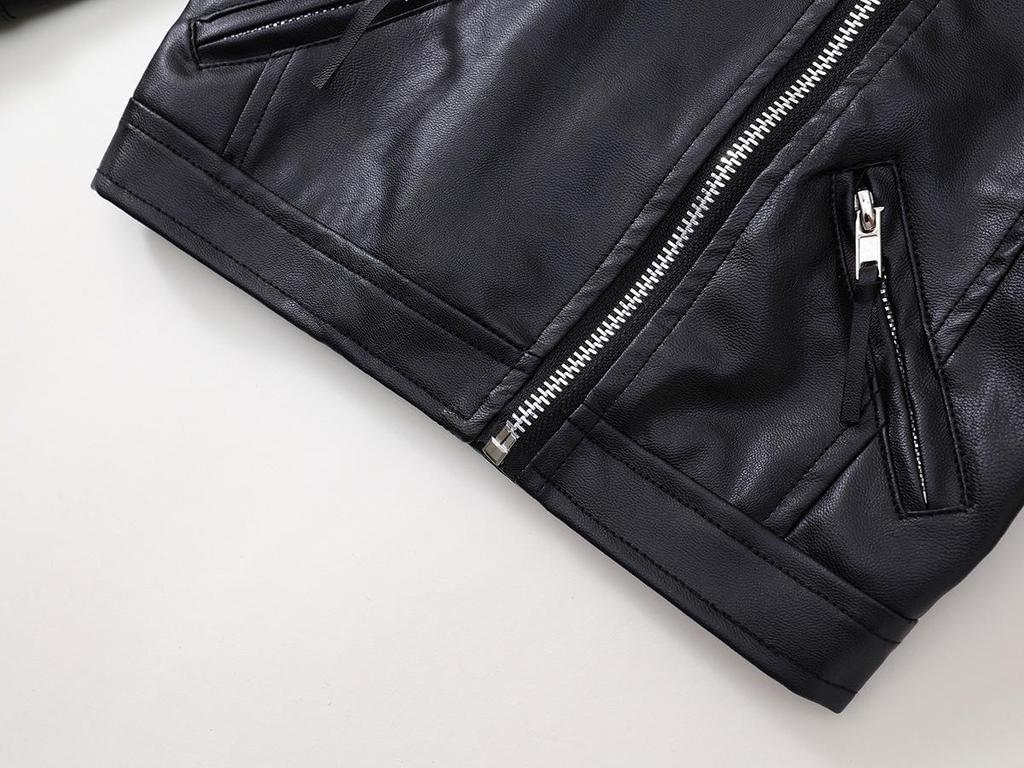 Kids' Korean-Style Leather Motorcycle Jacket - Long-Sleeve, Stand Collar, Autumn 2025 Collection
