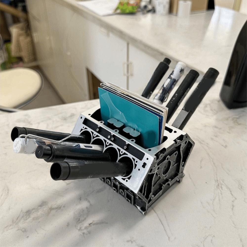 Resin Engine Block Desk Organizer Black Business Card Bracket Pen Holder Office Desk Organizer