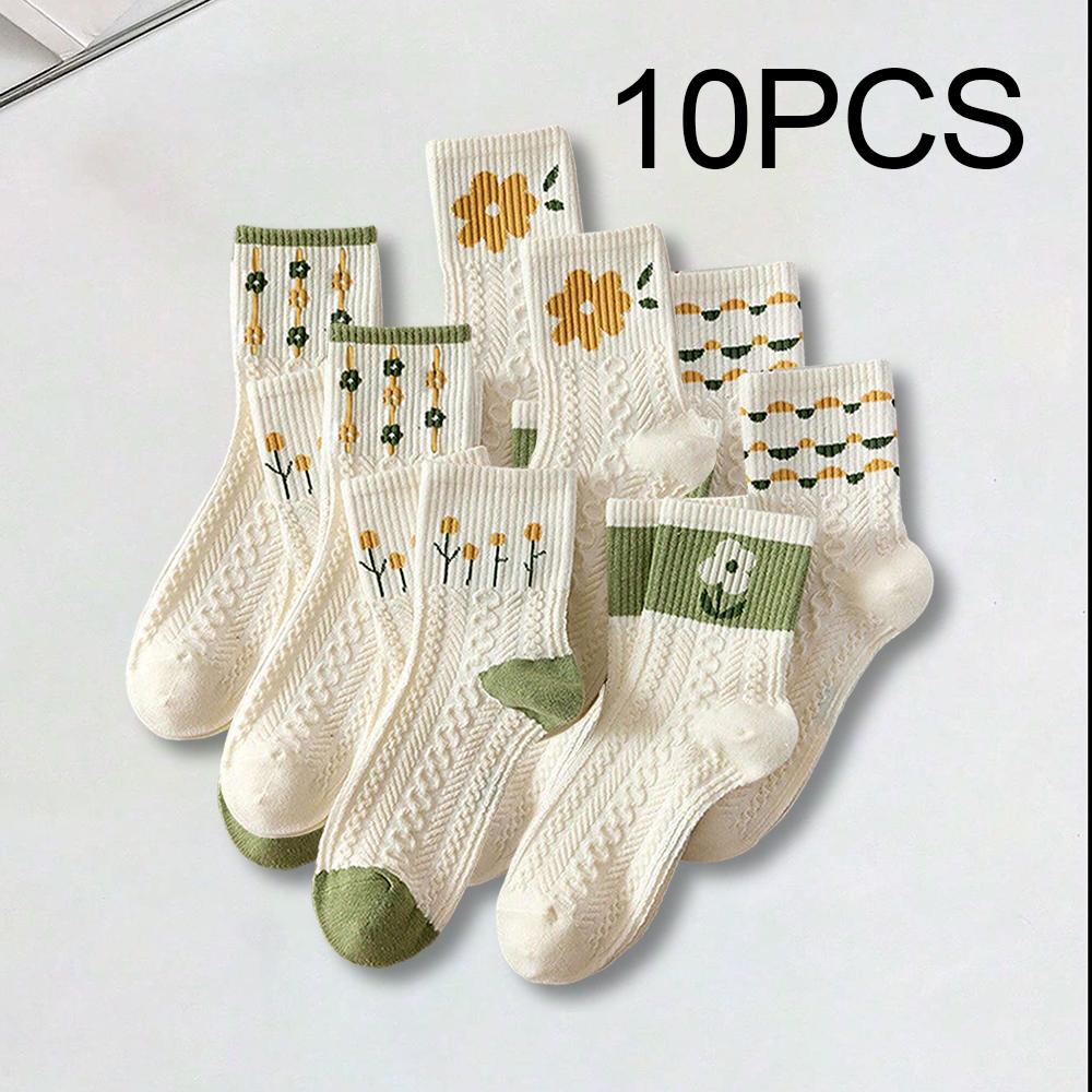 

10 Pairs Women Cartoon Socks Fashionable Creative Printed Socks Soft Comfortable Lightweight Green Bottomed Mid Length Socks One Size