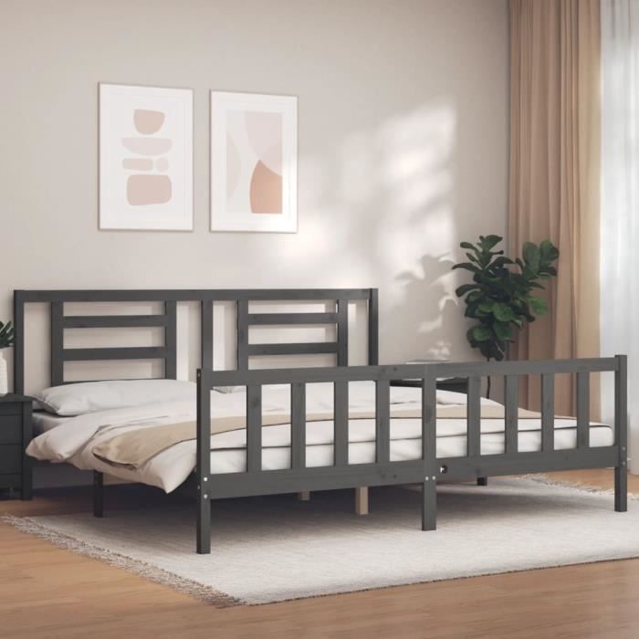 VidaXL Cadre de lit avec tête de lit gris 200x200 cm bois massif 3192903
