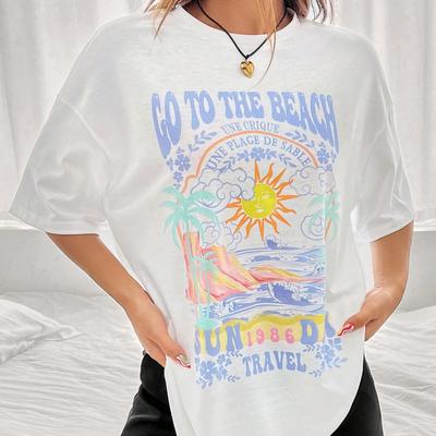 Sonne & Buchstaben Grafik Figur Muster Druck Serie Rundhals Locker Kurzarm T-Shirt Sommer Lässig Mode Reise T-Shirt Mädchen