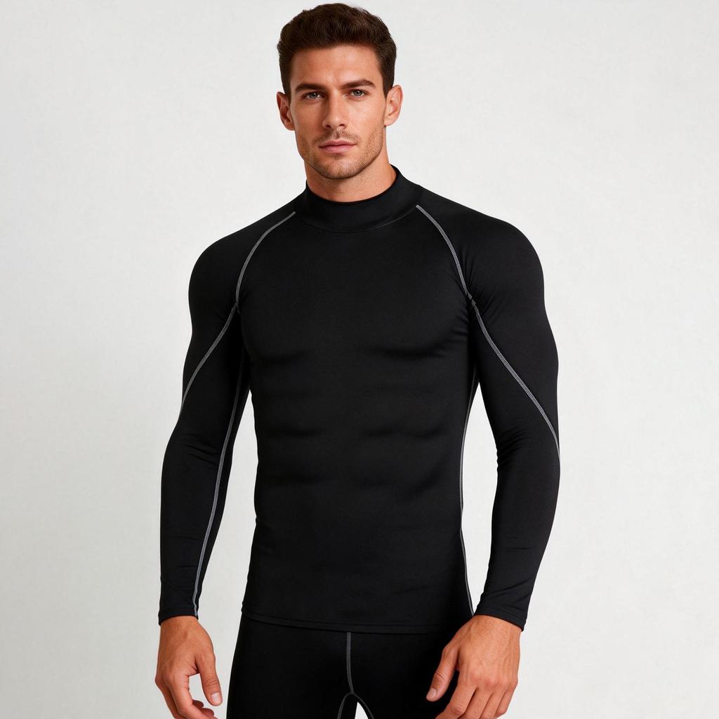 Men's Silk Grid High-Neck Performance T-Shirt - Elastic, Quick-Dry, Long-Sleeve for Autumn/Winter Running.