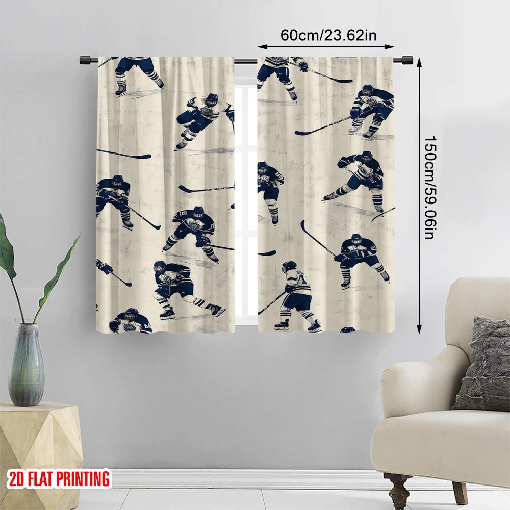 2pcs,2D Plane Printing Curtain Fabric Hockey Motion Polyester (without Rod) Holiday Use for Living Room & Kitchen Decor