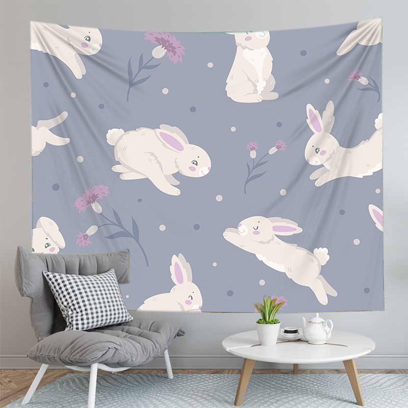 Cute Rabbit Print Tapestry for Girl Boys Dorm Room Decor Easter Rabbit Wall Hanging Kawaii Greetings and Presents for Easter Day