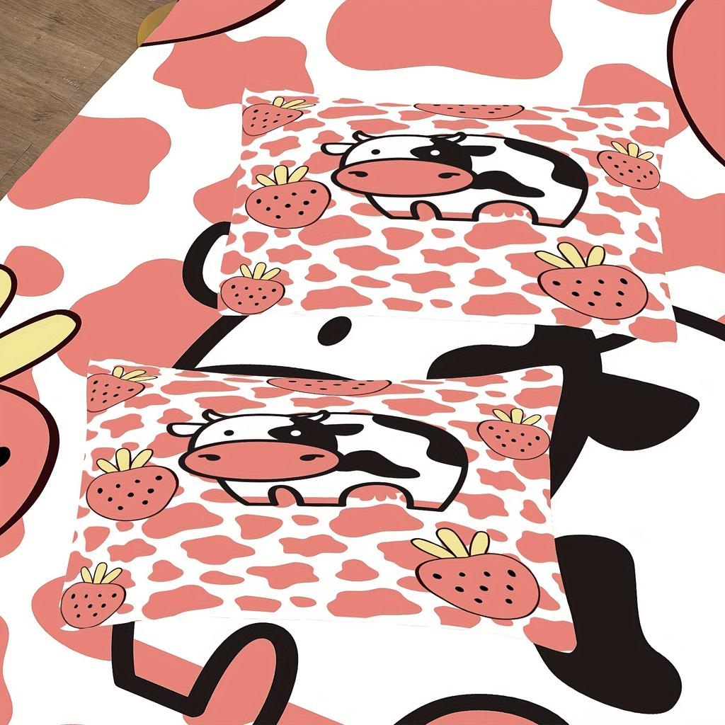 Měkká a pohodlná sada povlaků na přikrývku s potiskem kravského kresleného jahodového potisku do ložnice obsahuje 1 povlak na přikrývku a 1/2 povlak na polštář