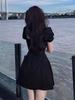 2024 High-end Hepburn Style Black Puff Sleeve Slimming Dress for Women