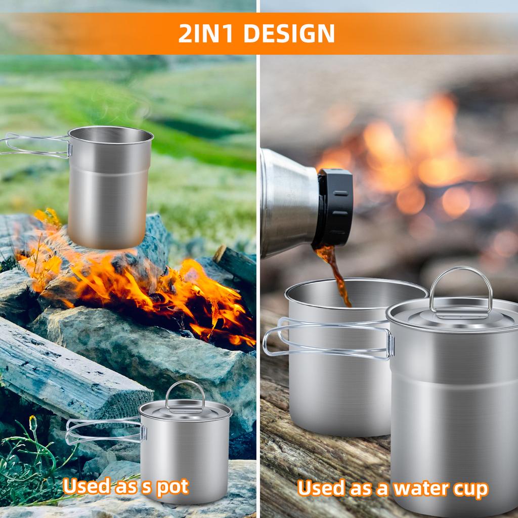 2pcs 304 Outdoor Portable Stainless Steel Cookware Set Pot