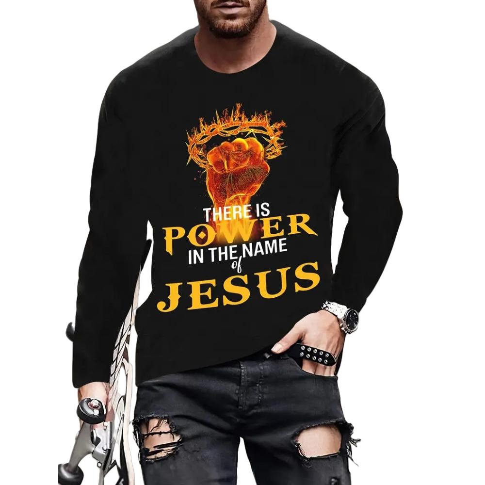 Spring and Autumn Round Neck 3D Cross Printed Top Fashionable Casual Vintage Christian Long Sleeved Men's T-shirts