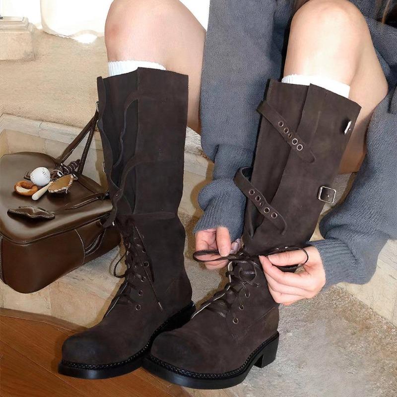 Cow fiber velvet boots women's autumn and winter straps high knight boots square head buckle but knee boots