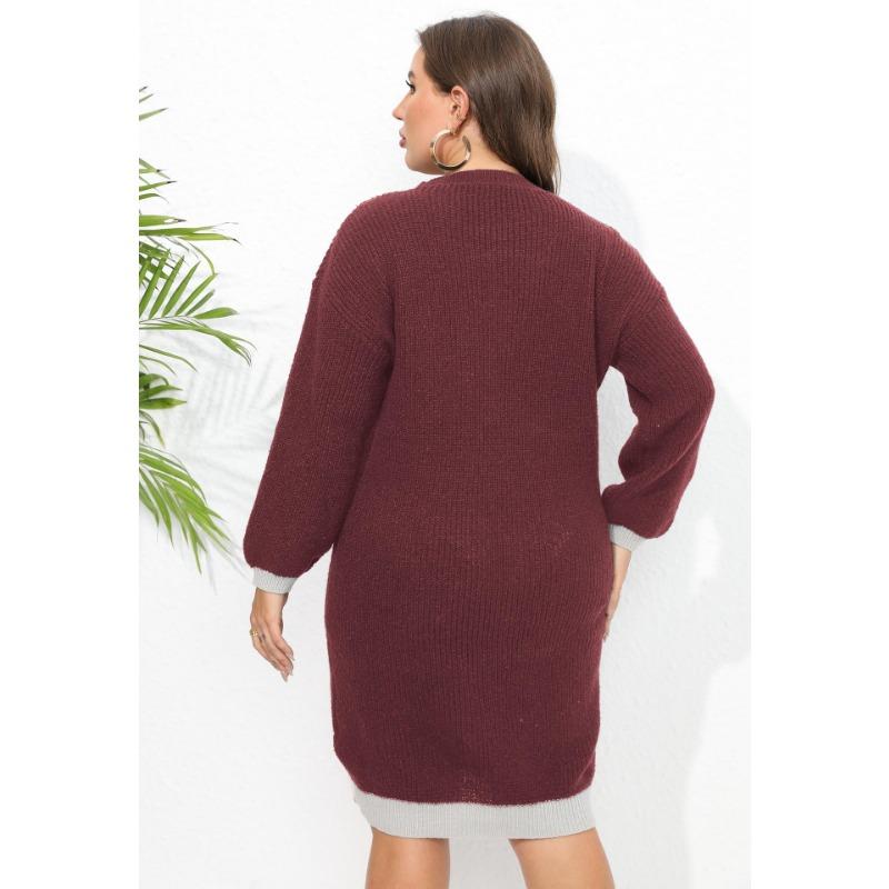 Rochie de pulover de toamnă și iarnă pentru femei, țesute cu decolteu în V, culoarea coliziunii, îmbinată la șold