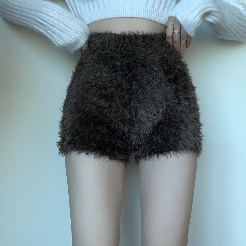 Woman Sexy Shorts Furry Casual Slim Shorts Women's Autumn Winter High Waist Stretch Knit Shorts