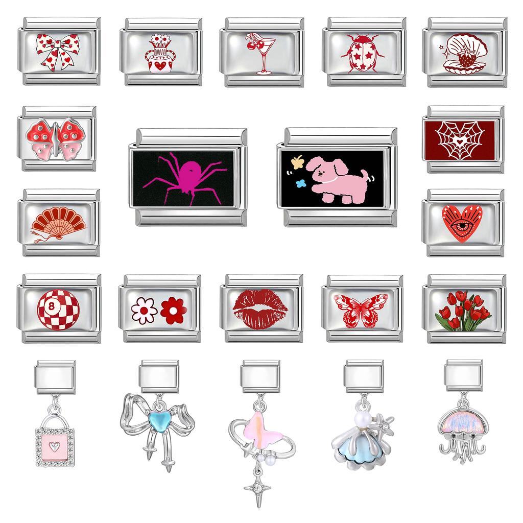 Y2K Rote Serie Blume Kirsche Herz Schleife Schmetterling Liebe Italienischer Charm Glieder Passend 9mm Edelstahlarmband Damen DIY Basteln