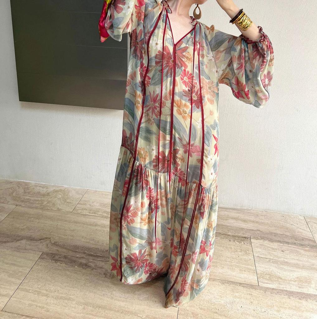 Available: French-Style Floral V-Neck Long Sleeve Dress