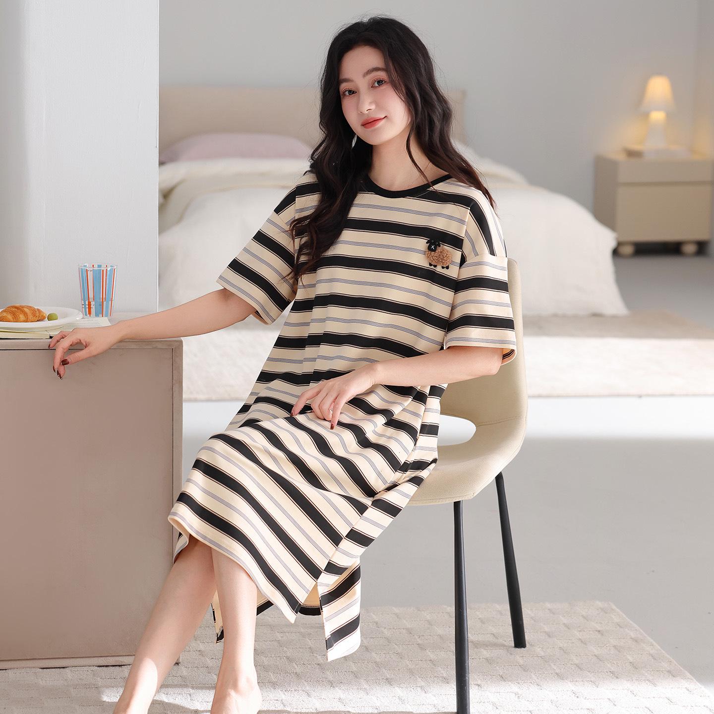 New Sweet Striped Cartoon Cotton Nightgown - Spring/Summer Short-Sleeve Dress XL