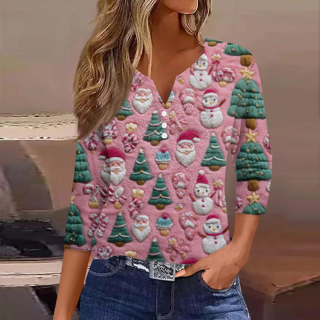 Damenmode Lässig Halloween Bedruckt V-Ausschnitt Kurzarm Zierknopf Dreiviertelarm T-Shirt Top
