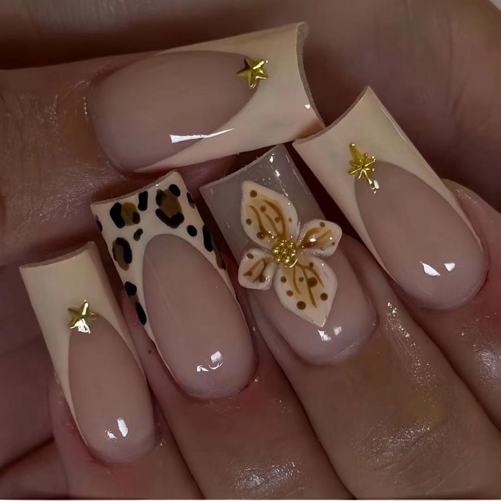 24Pcs Leopard Print Press On Nails With Bow Rhinestone Long Square French Fake Nail Tips