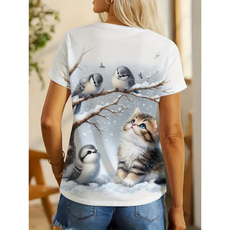 Women's short sleeve t-shirt, cute winter scene print with kittens and birds, snowy tree branches, casual crew neck t-shirt